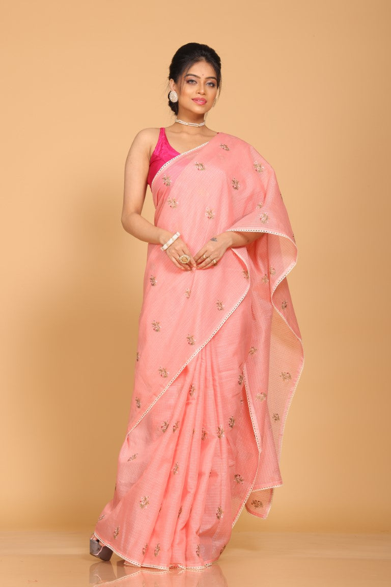 Morchari Kota Embroidery Saree - Peach - Distacart