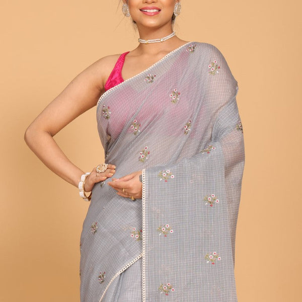 Morchari Kota Embroidery Saree - Grey - Distacart