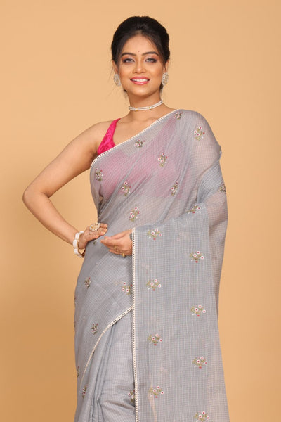 Morchari Kota Embroidery Saree - Grey - Distacart