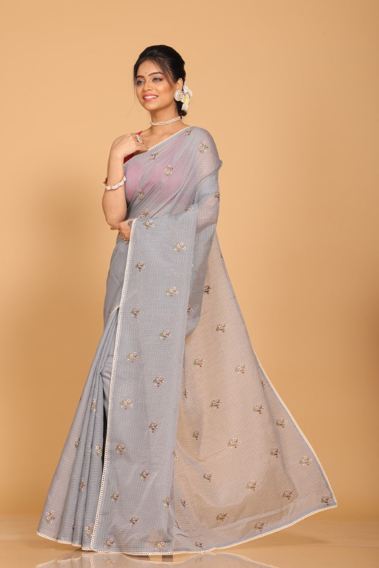 Morchari Kota Embroidery Saree - Grey - Distacart