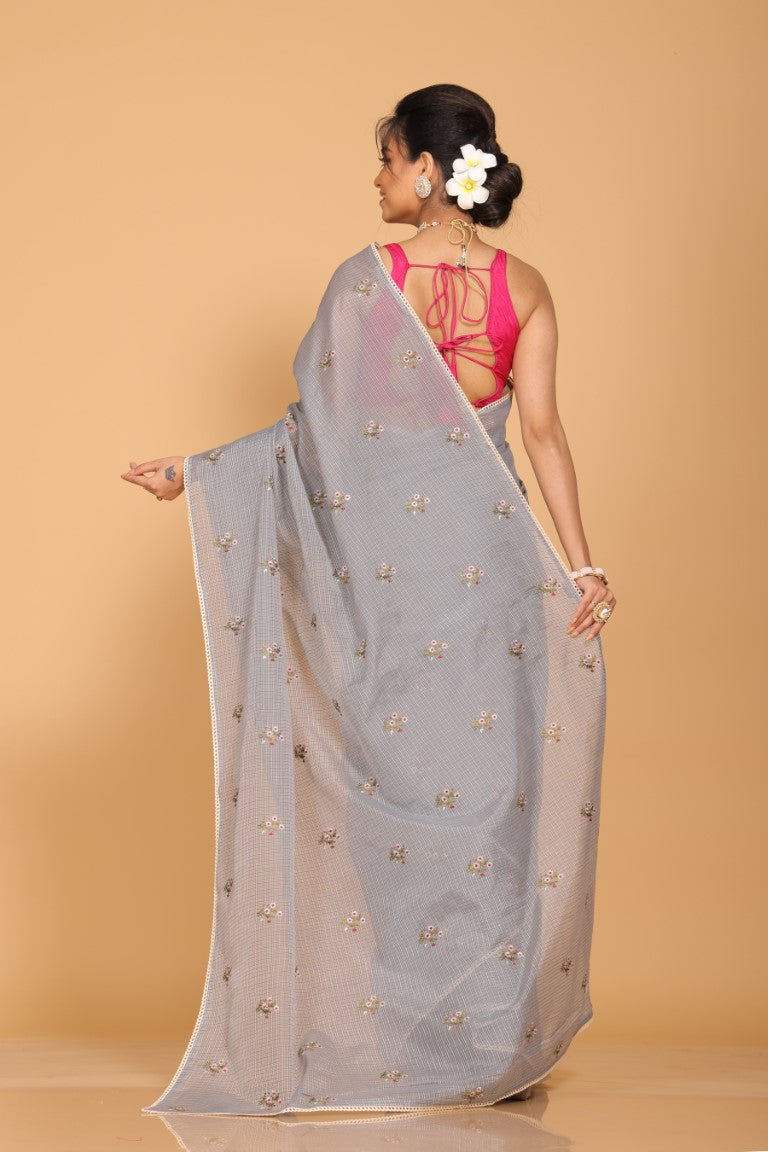 Morchari Kota Embroidery Saree - Grey - Distacart