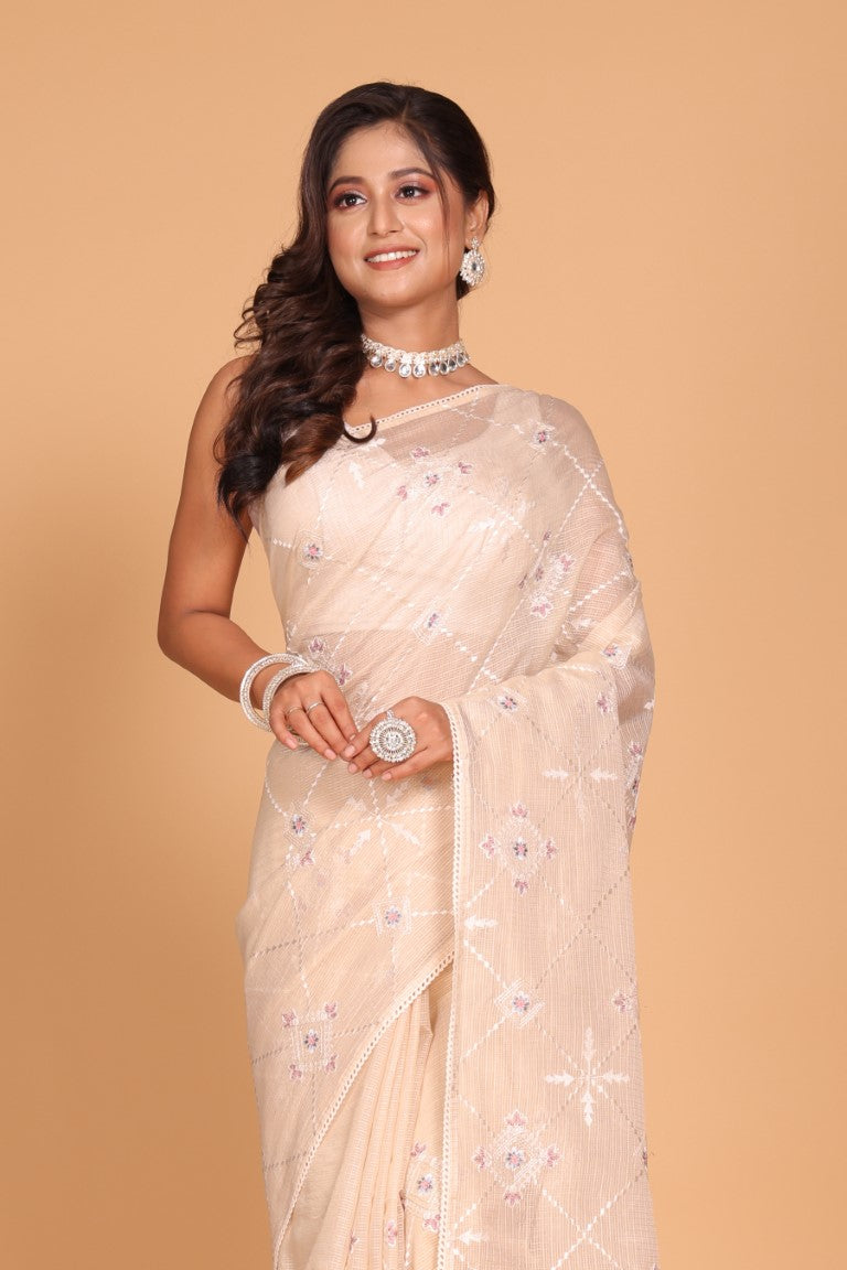 Morchari Kota Embroidery Saree - Beige - Distacart