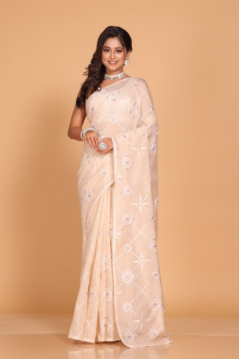 Morchari Kota Embroidery Saree - Beige - Distacart