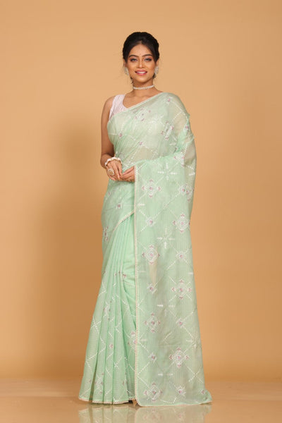 Morchari Kota Embroidery Saree - Green - Distacart