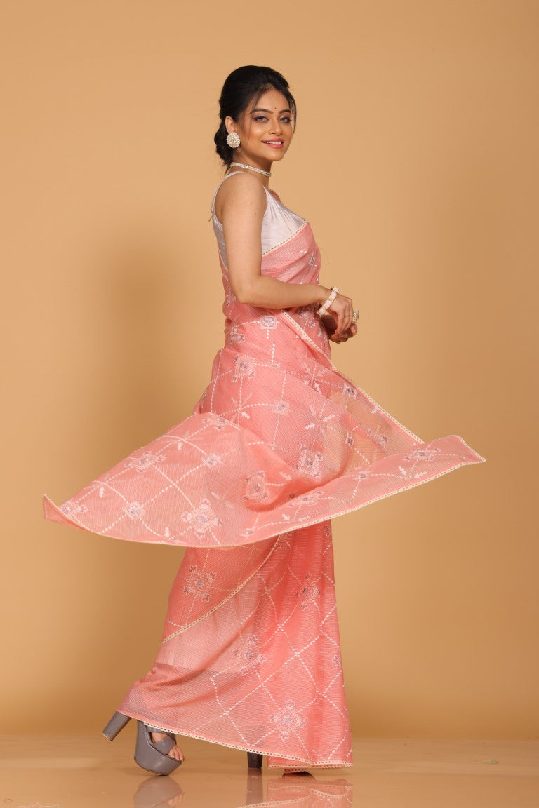 Morchari Kota Embroidery Saree - Peach - Distacart