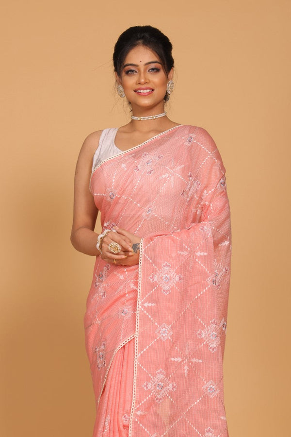 Morchari Kota Embroidery Saree - Peach - Distacart