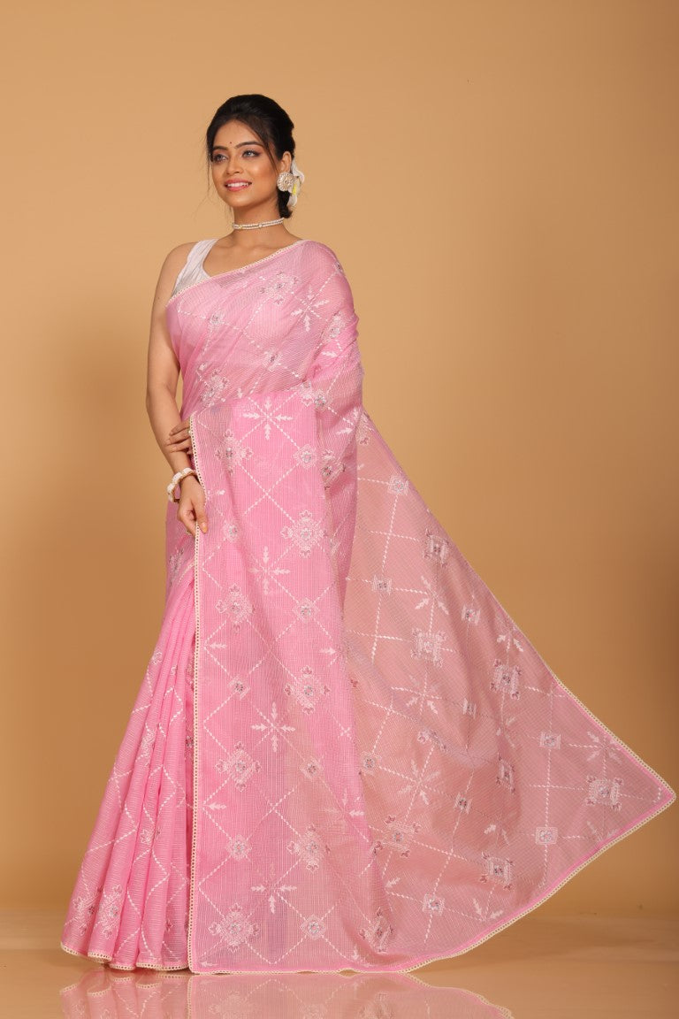 Morchari Kota Embroidery Saree - Pink - Distacart