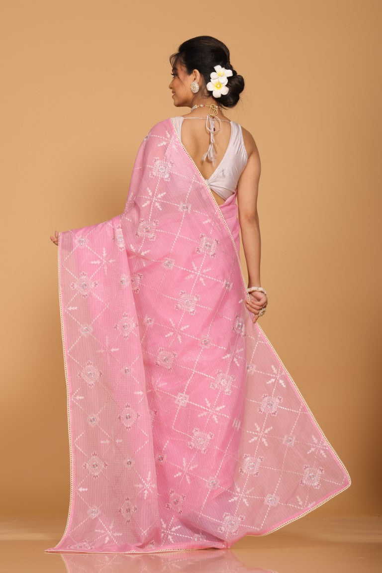 Morchari Kota Embroidery Saree - Pink - Distacart