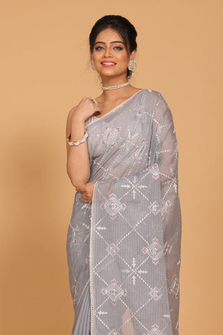 Morchari Kota Embroidery Saree - Grey - Distacart