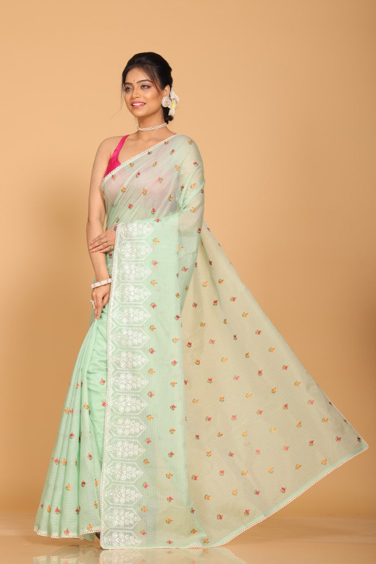 Morchari Kota Embroidery Saree - Green - Distacart
