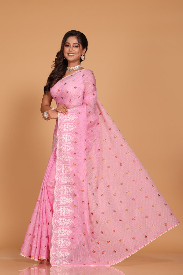 Morchari Kota Embroidery Saree - Pink - Distacart