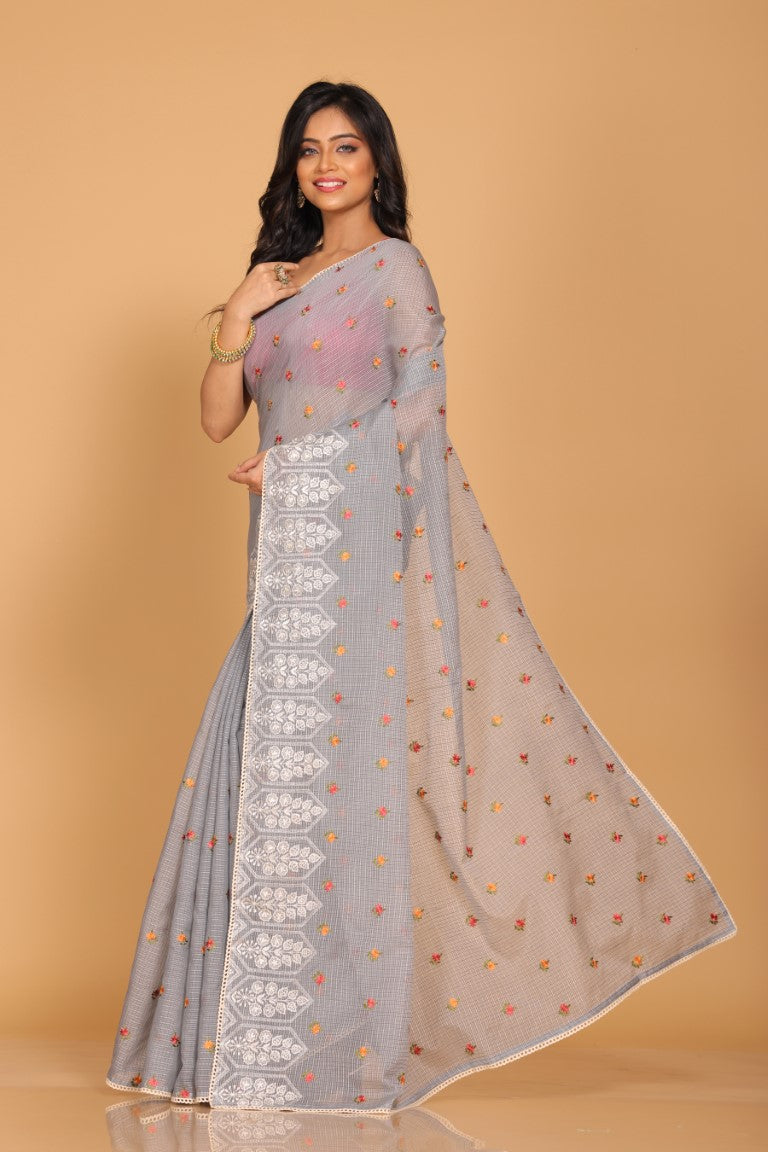Morchari Kota Embroidery Saree - Grey - Distacart