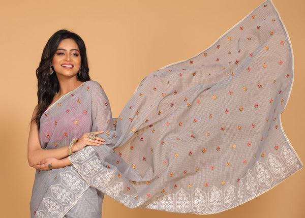 Morchari Kota Embroidery Saree - Grey - Distacart