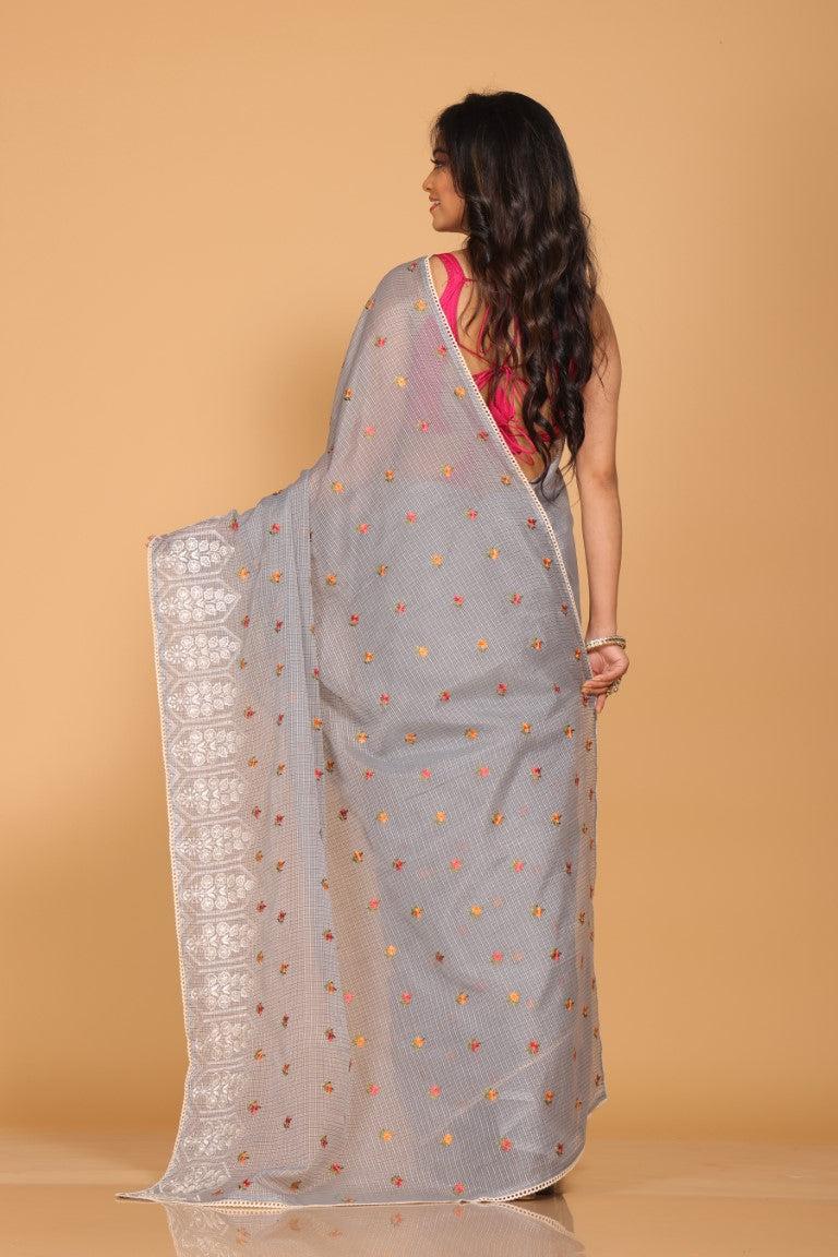 Morchari Kota Embroidery Saree - Grey - Distacart