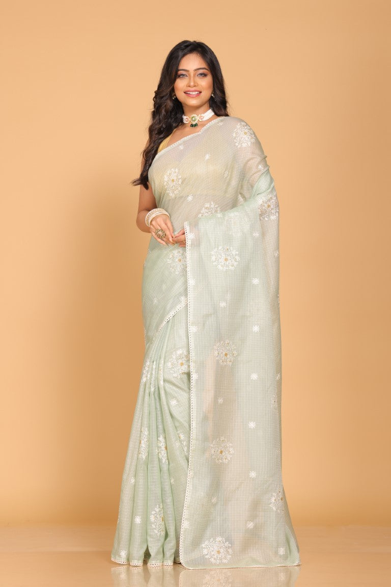Morchari Kota Embroidery Saree - Green - Distacart
