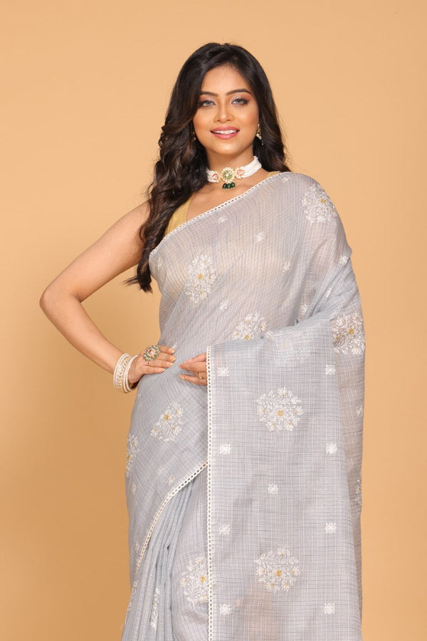 Morchari Kota Embroidery Saree - Grey - Distacart