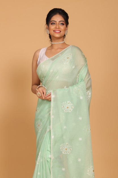 Morchari Kota Embroidery Saree - Lime Green - Distacart