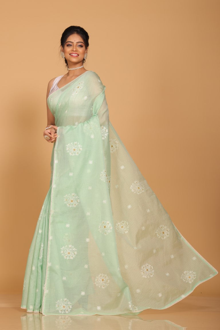 Morchari Kota Embroidery Saree - Lime Green - Distacart