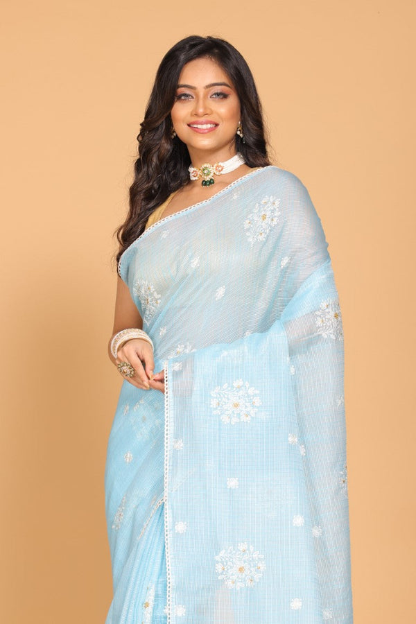 Morchari Kota Embroidery Saree - Blue - Distacart
