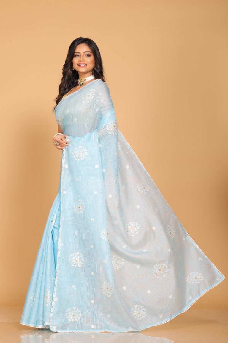 Morchari Kota Embroidery Saree - Blue - Distacart