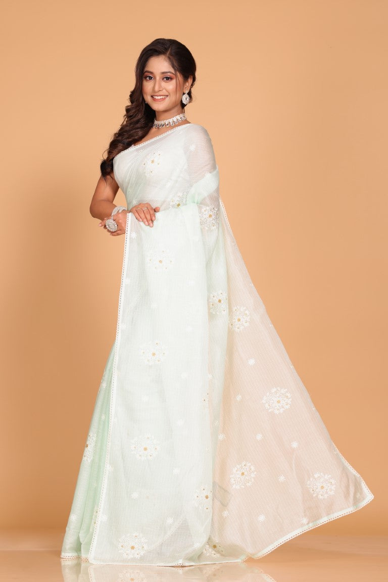 Morchari Kota Embroidery Saree - Sea Green - Distacart