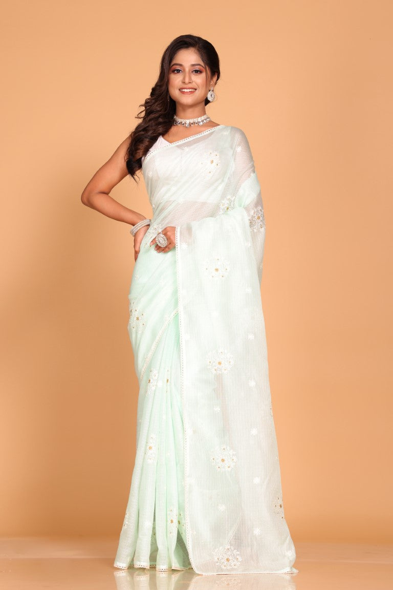 Morchari Kota Embroidery Saree - Sea Green - Distacart