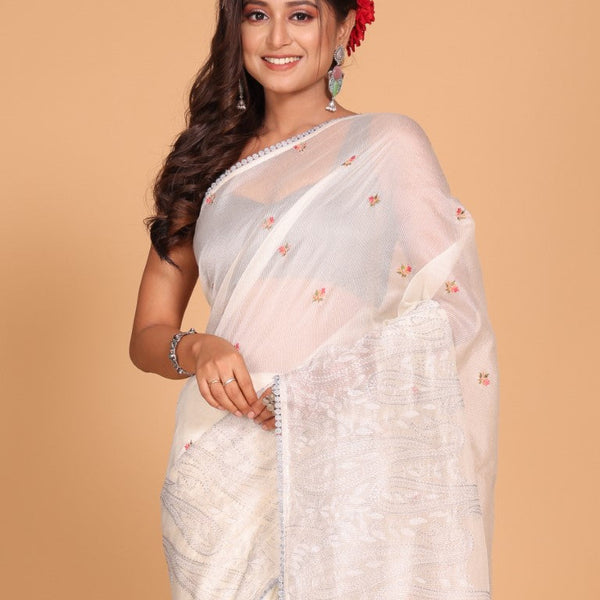 Morchari Supernet Cotton Embroidery Saree - Off White - Distacart