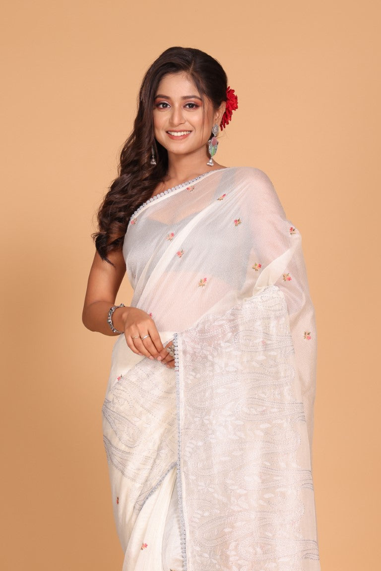 Morchari Supernet Cotton Embroidery Saree - Off White - Distacart