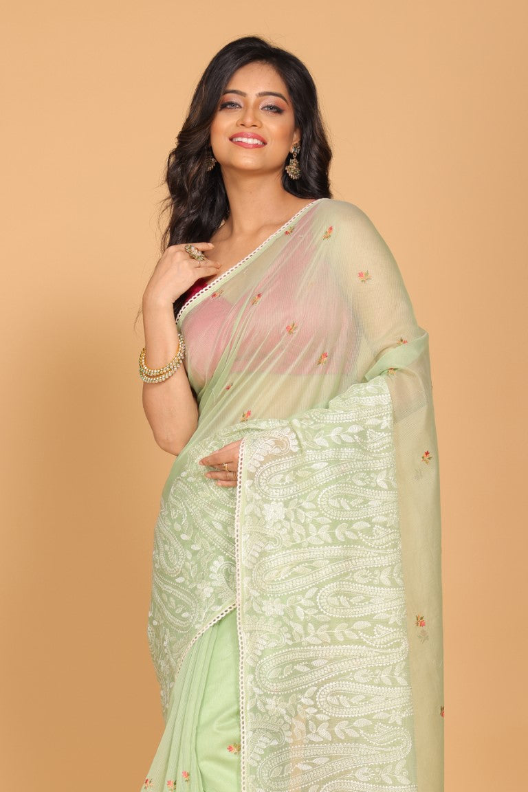 Morchari Supernet Cotton Embroidery Saree - Green - Distacart