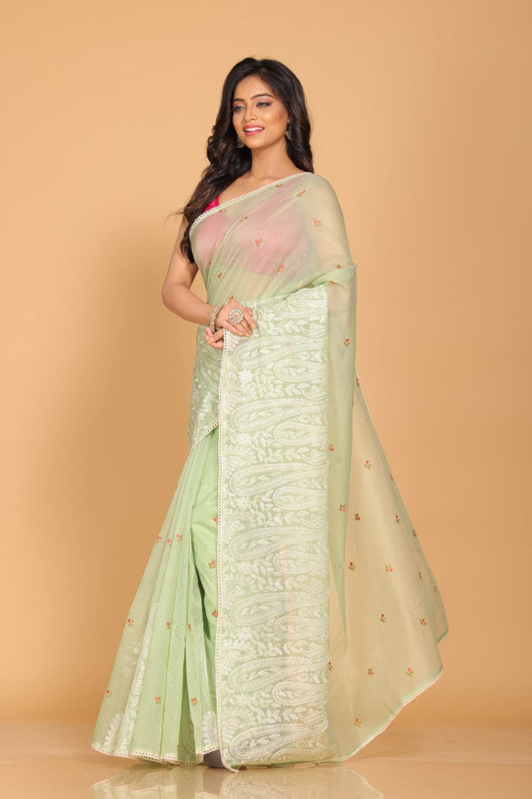 Morchari Supernet Cotton Embroidery Saree - Green - Distacart