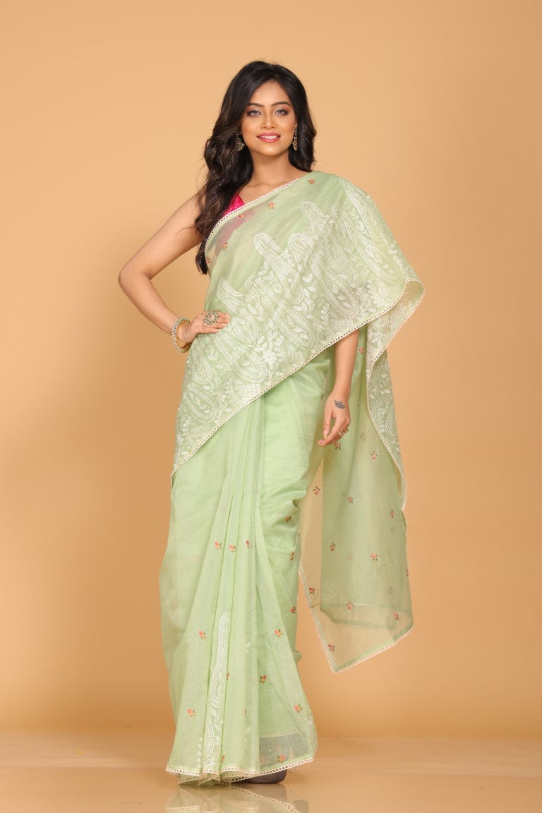 Morchari Supernet Cotton Embroidery Saree - Green - Distacart