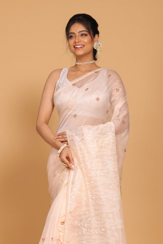 Morchari Cotton Supernet Embroiedery Saree - Light Peach - Distacart