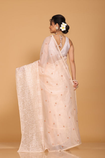 Morchari Cotton Supernet Embroiedery Saree - Light Peach - Distacart
