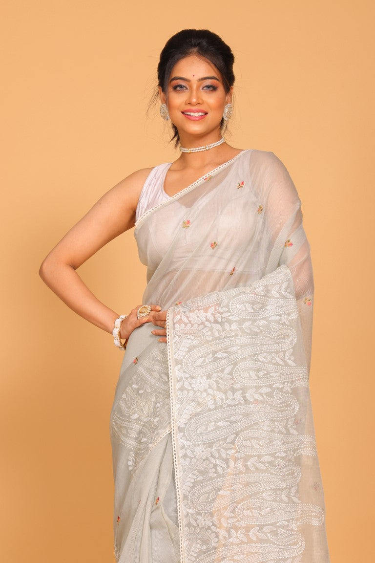 Morchari Cotton Supernet Embroiedery Saree - Dark Grey - Distacart