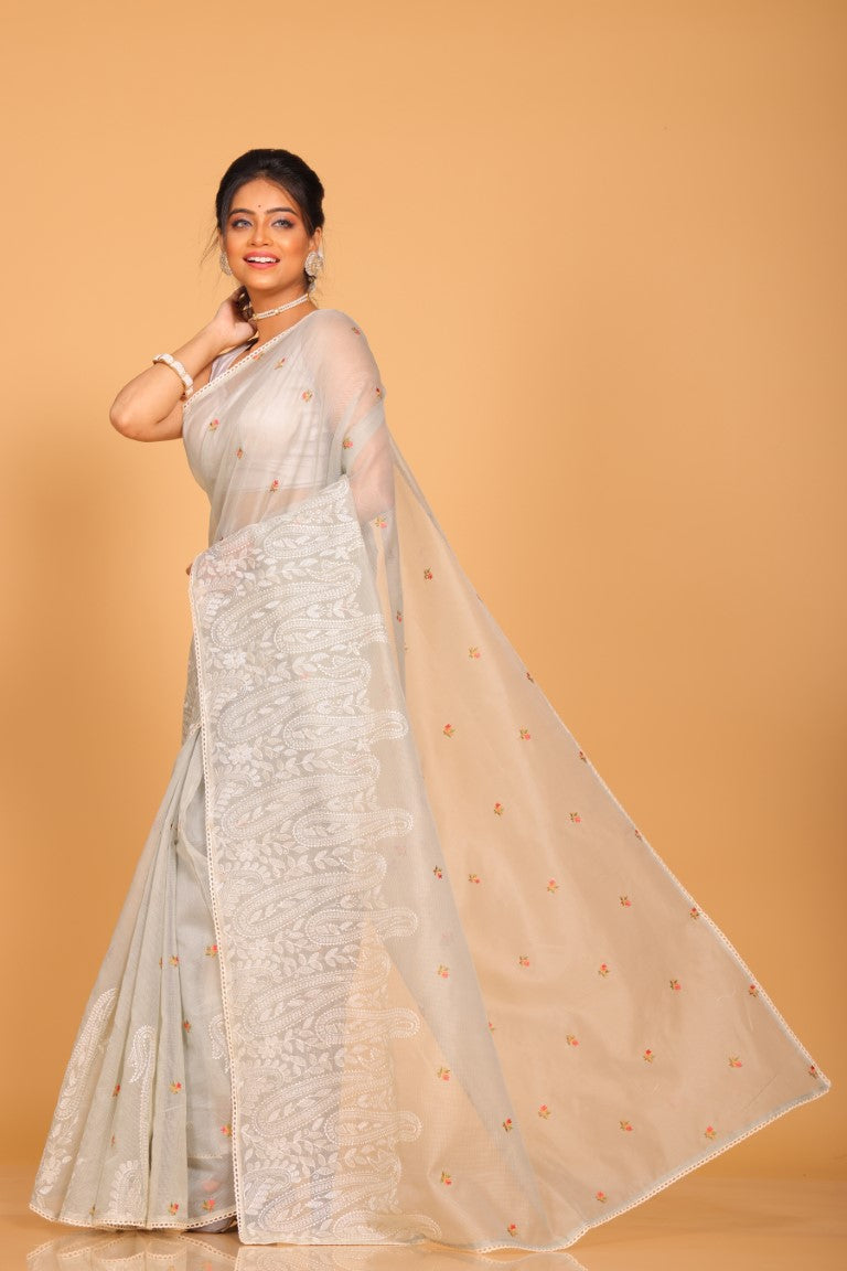 Morchari Cotton Supernet Embroiedery Saree - Dark Grey - Distacart