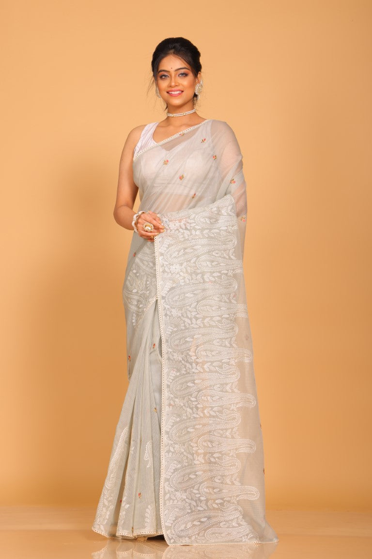 Morchari Cotton Supernet Embroiedery Saree - Dark Grey - Distacart