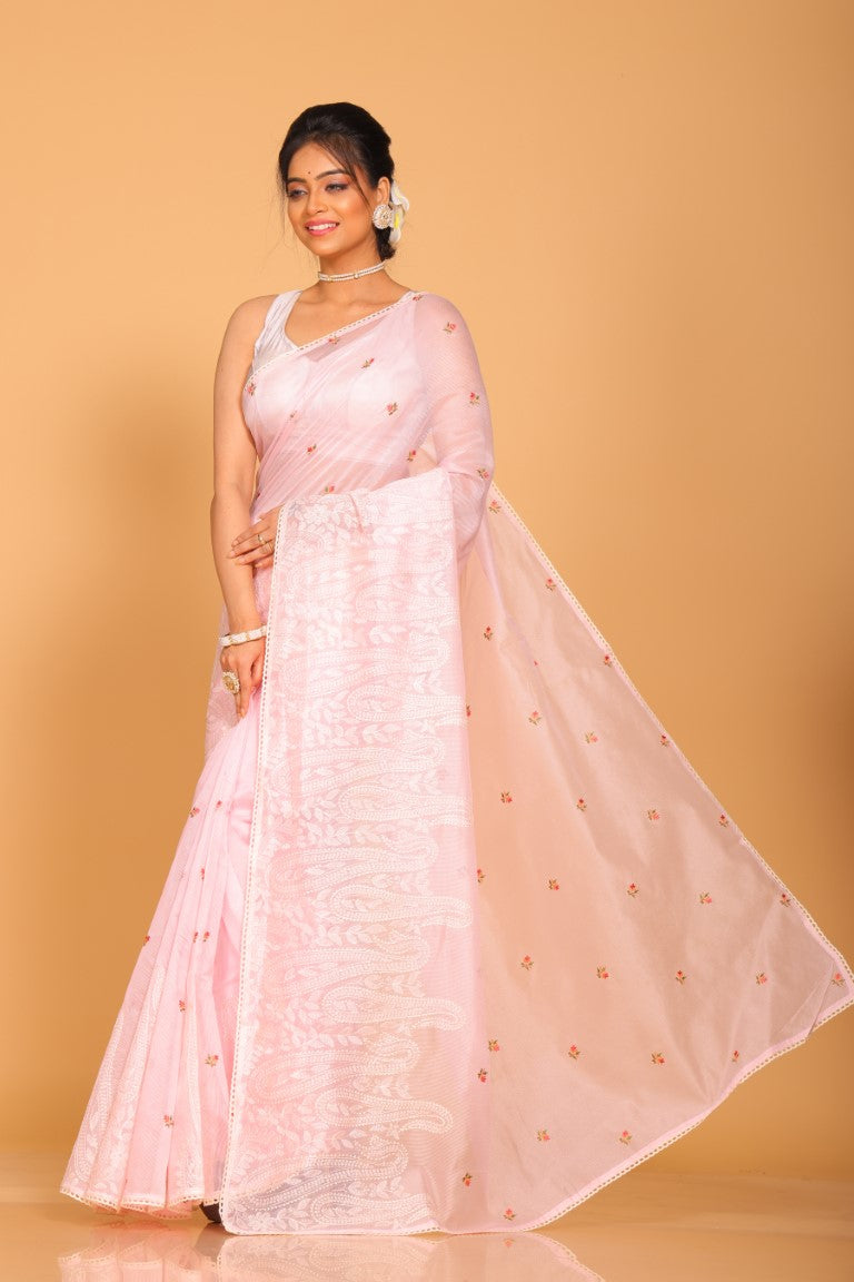 Morchari Cotton Supernet Embroiedery Saree - Light Pink - Distacart
