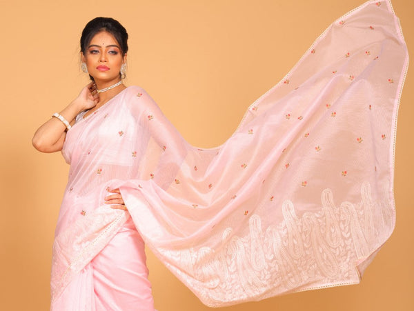 Morchari Cotton Supernet Embroiedery Saree - Light Pink - Distacart
