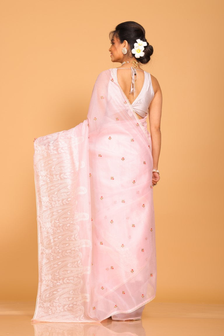 Morchari Cotton Supernet Embroiedery Saree - Light Pink - Distacart