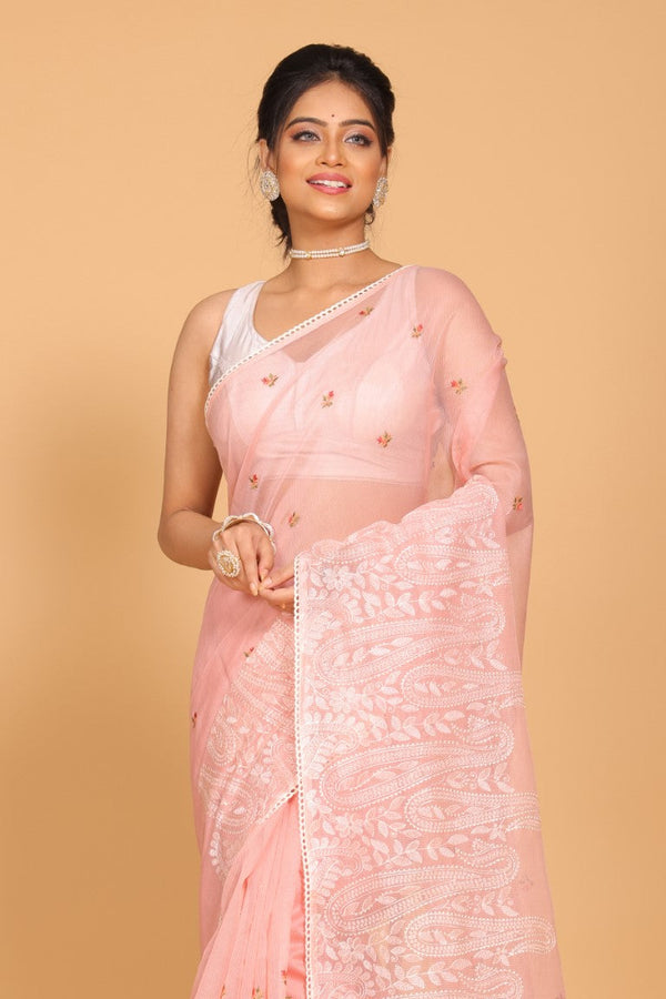 Morchari Cotton Supernet Embroiedery Saree - Onion Shade - Distacart