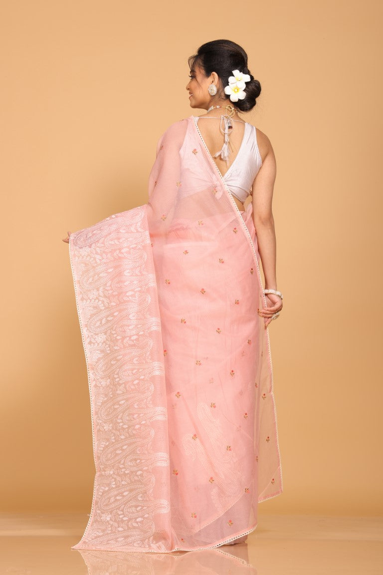 Morchari Cotton Supernet Embroiedery Saree - Onion Shade - Distacart