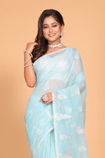 Thumbnail for Morchari Cotton Supernet Embroiedery Saree - Blue - Distacart