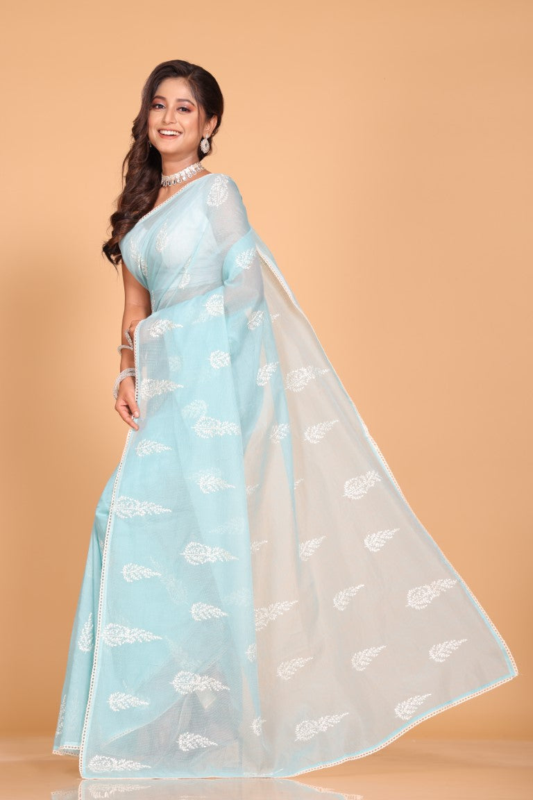 Morchari Cotton Supernet Embroiedery Saree - Blue - Distacart