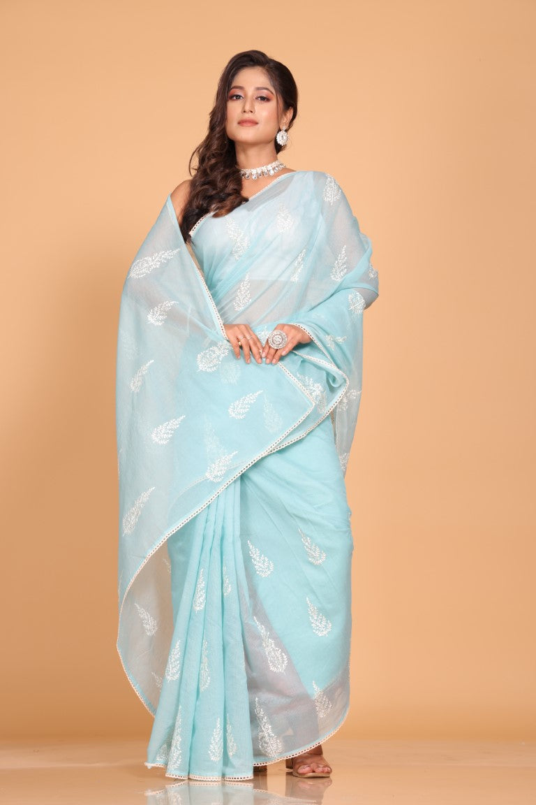 Morchari Cotton Supernet Embroiedery Saree - Blue - Distacart
