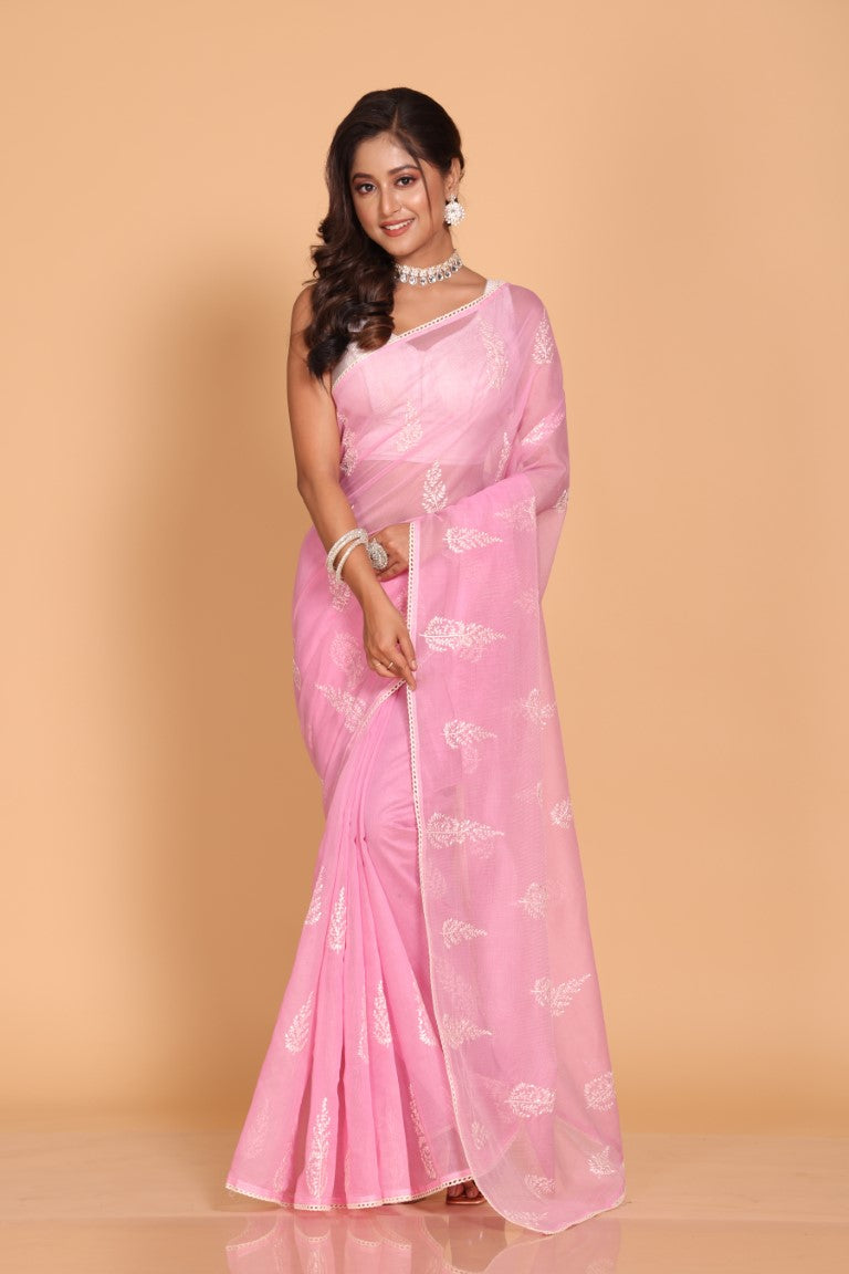 Morchari Cotton Supernet Embroiedery Saree - Pink - Distacart