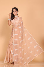 Thumbnail for Morchari Cotton Supernet Embroiedery Saree - Brown - Distacart