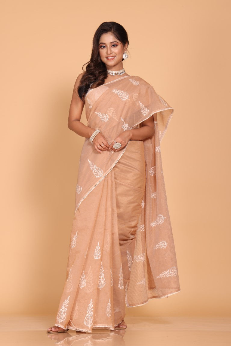 Morchari Cotton Supernet Embroiedery Saree - Brown - Distacart