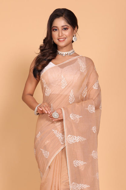 Morchari Cotton Supernet Embroiedery Saree - Brown - Distacart
