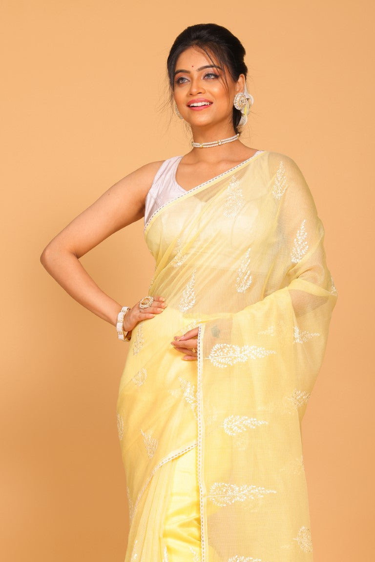 Morchari Cotton Supernet Embroiedery Saree - Yellow - Distacart