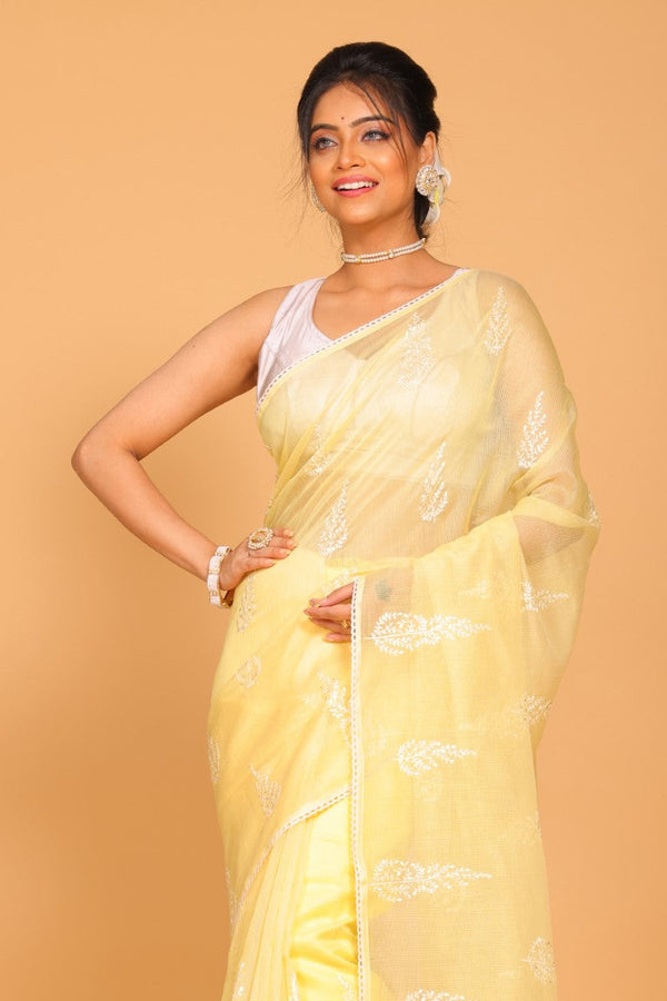 Morchari Cotton Supernet Embroiedery Saree - Yellow - Distacart